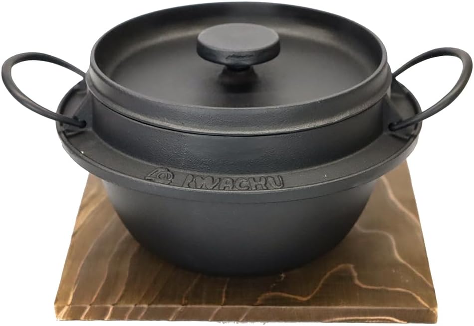 Asahi Iwate Prefecture Traditional Crafts Nambu Iron Rice Pot 2 Piece (With Grilled Sugi Bed Stand) (IH Not Available) Commercial Use