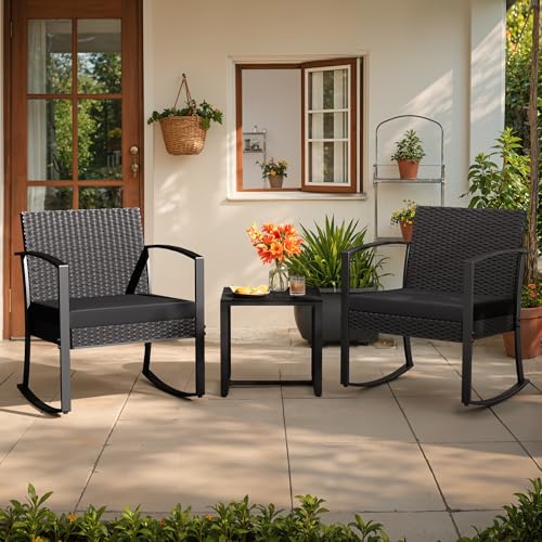 Image of Greesum 3 Pieces Outdoor Furniture Set Patio Bistro Rocking Chairs with Glass Coffee Table for Pool Beach Backyard Balcony Porch Deck Garden, Black