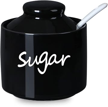 ONTUBE Ceramic Sugar Bowl with Lid and Spoon Black | Porcelain, 8oz, white, lid & spoon, airtight, easy-clean, dishwasher-safe, microwave-safe, elegant,compact,sturdy,versatile