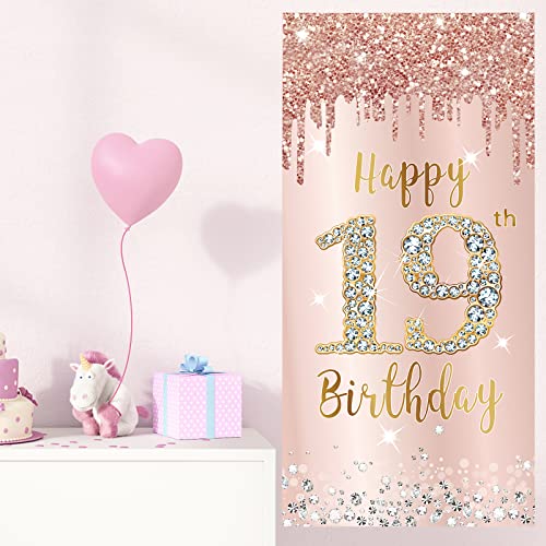 Image of Happy 19th Birthday Door Banner Decorations for Girls, Pink Rose Gold 19 Birthday Door Cover Backdrop Sign Party Supplies, Nineteen Year Old Birthday Poster Background Decor
