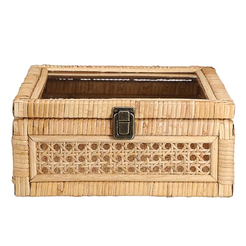 TOLIDA Caja de almacenamiento bohemia con tapa de plexiglás, caja de ratán con cerradura, caja decorativa para baño, salón, cocina, dormitorio, armarios, centros comerciales, estantes de exhibición