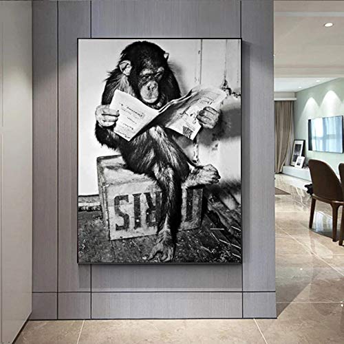 Pintura de baño con mono divertido póster decorativo de lectura en lienzo 40x60