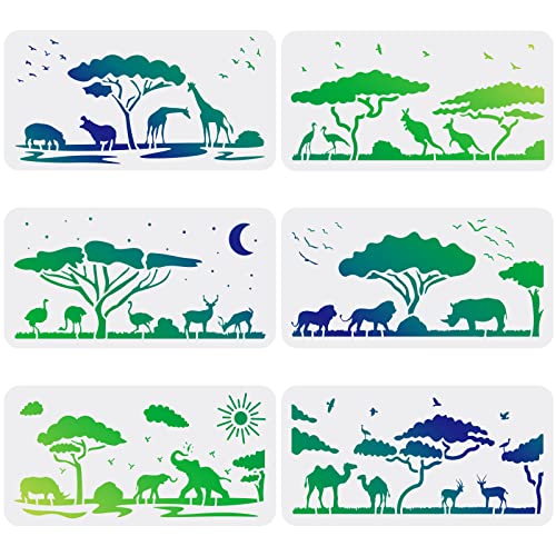 FINGERINSPIRE 6 Pcs Animaux Pochoirs Gabarit 15x30cm Animaux Sauvages en Plastique Dessin Peinture Pochoirs Lion Girafe Éléphant Rhino Motif Pochoirs Réutilisables pour Peinture