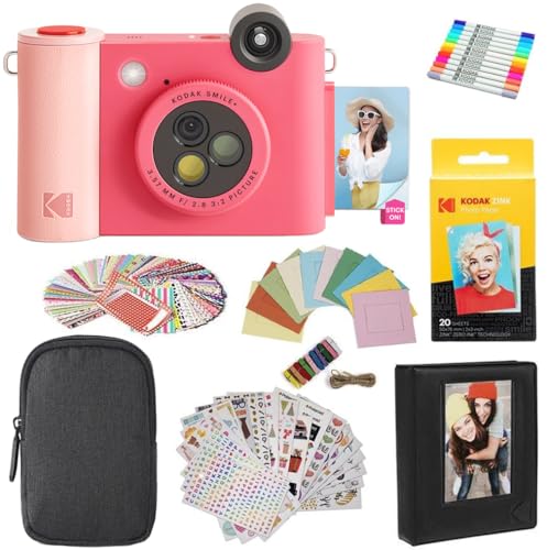 Image of Kodak Smile+ 2-in-1 Digital Instant Print Camera & Printer Gift Bundle + Case + Zink 2x3 Sticky Back Photo Paper 20pk + Album + Sticker Sets + Sticker Frames + Hanging Frames + Markers - Fuchsia