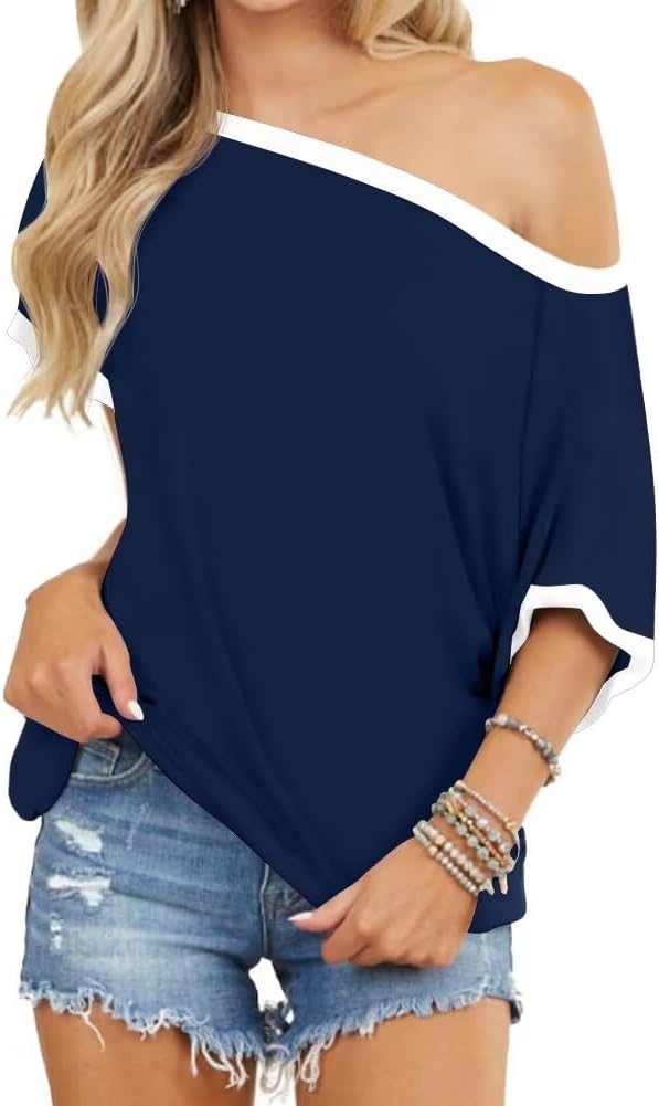 LEEDYA Off The Shoulder Tops for Women Summer Short Sleeve T-shirts Loosed Batwing Shirts Sexy Oversized Tunic Blouse