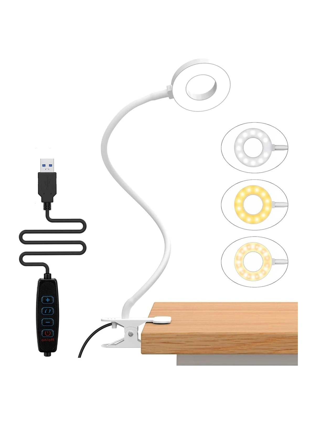 CKAFZMYJQBT Desk Lamp, [3 Color Modes & 10 Brightness] LED Reading Light with Clamp, Flexible Gooseneck Book Light for Kids Reading Book