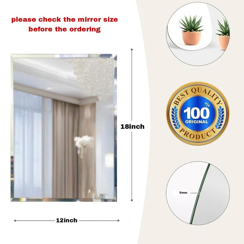 Image of 12x18 Inch Bathroom Mirror | 5mm Thick HD Glass | Minimalist Frameless Design | Wall Mounted Vertical Mirror for Home, Office, Vanity & Hallway