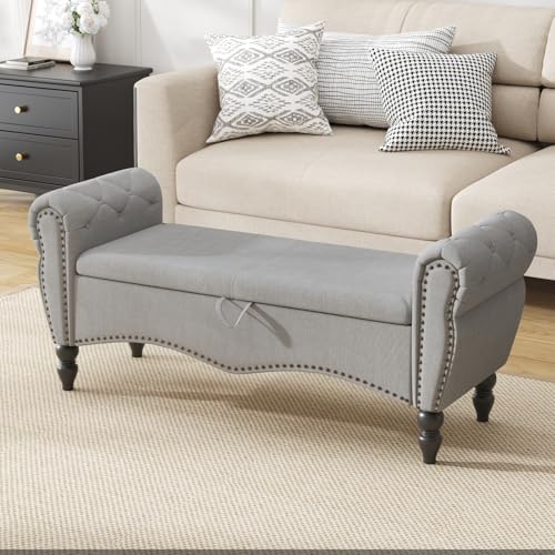 Banc coffre rangement capitonné gris accoudoirs Ckaff