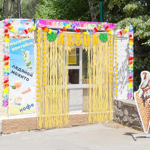 Image of Dingion 4 Pcs Hawaiian Aloha Party Decor Luau Theme Party Supply Tiki Decor Summer Raffia Door Curtain, Gold Glittery Aloha Banner, 2 Tropical Luau Leis for Hawaiian Holiday Birthday Wedding Beach