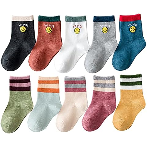 Forusky 10 Pairs Boy's Cotton Socks Smiley Toddler Non-Skid Kids Crew Socks Training Baby Striped Calf Socks Liners Ankle Athletic Socks Cover
