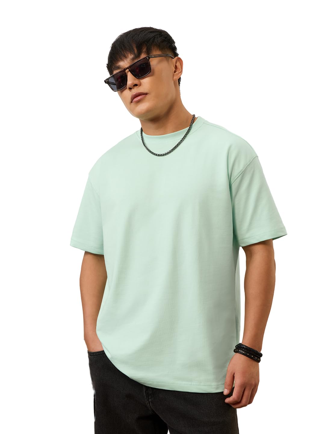 the souled store Oversized T-Shirt: Apple Mint Men and Boys Short Sleeve Round Neck Mint Solid Cotton Oversized Breathable Comfortable Casual Summer T-Shirts-picture-13