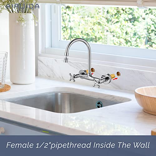 Airuida Chrome Polish Wall Mount Kitchen Sink Faucet 8 Inch Center Wall Mounted Kitchen Faucet Double Cross Handles 360 Degree Swivel Spout Kitchen Mixer Commercial Utility Laundry Restaurant Tap #TOP1