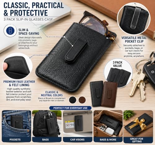 Image of Calabria Soft Slip-In Glasses Case Pocket Metal Clip Black /Brown(2Pack) Men /Women Synthetic Leather Felt Lining 6.5 inchx3 inch