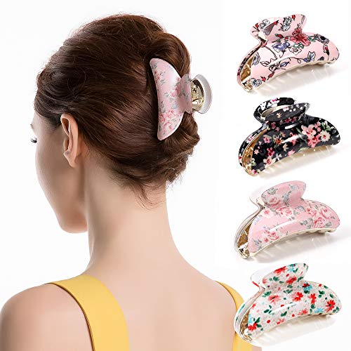 Hair Claw Clips Set for Women, Girls Cute 3.5" Medium Tortoise Shell Double Grip Teeth Clamps Strong Jaw Floral Print Banana Design Nonslip Thick Thin Hair Hold Clutches Accessories Twinfree - 4 Pack