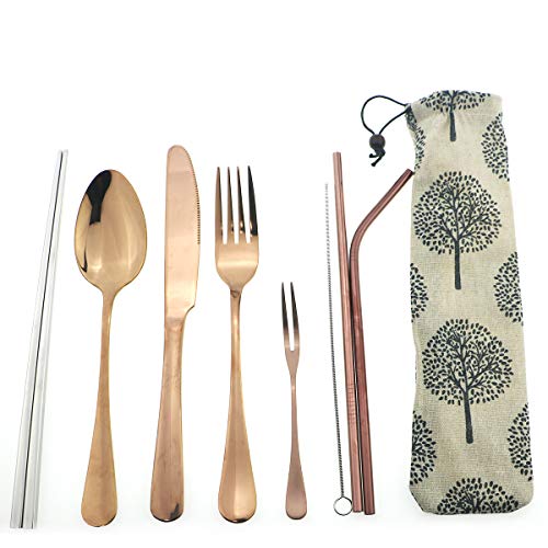 Puzhler Mirror Polished Stainless Steel Flatware Set Reusable Cutlery Set Travel Utensils Set with Straws for Camping Office or School Lunch, Eco-Friendly Portable Camping Silverware Set (Rose Gold)