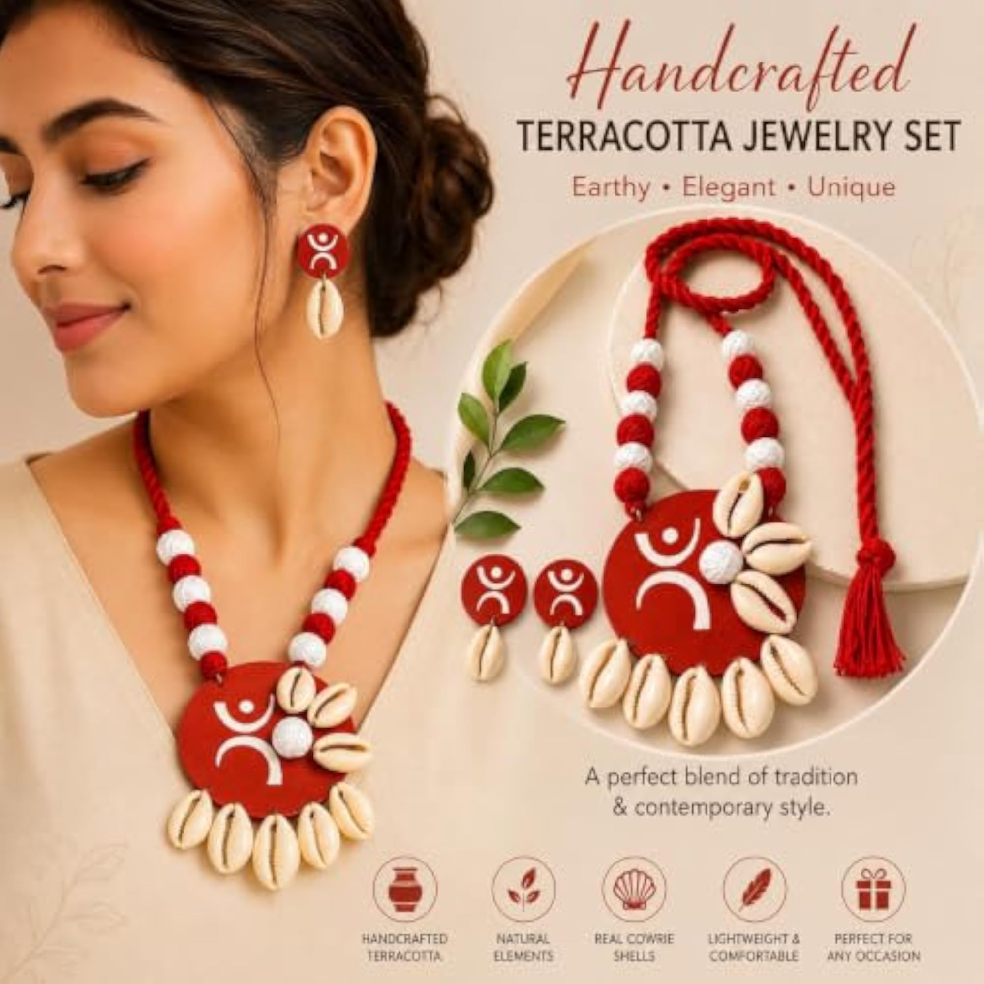 Red Tribal Pendant Necklace & Earrings Set with Cowrie Shells