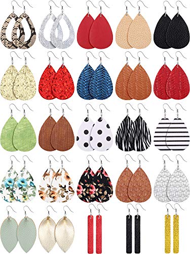 Hicarer 25 Pairs Faux Leather Earrings for Women Teardrop Dangle Lightweight Leaf Earrings for Christmas Birthday Gift
