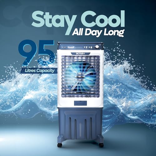 Image of SUMMERCOOL Octus Plus 95L Desert Air Cooler with powerful 16 inch motor | Beautiful Glass Top | Resuable Ice cube packet | Inverter Compatible | 45Ft Air Throw | Drain Hole | 1 yr Warranty | Blue