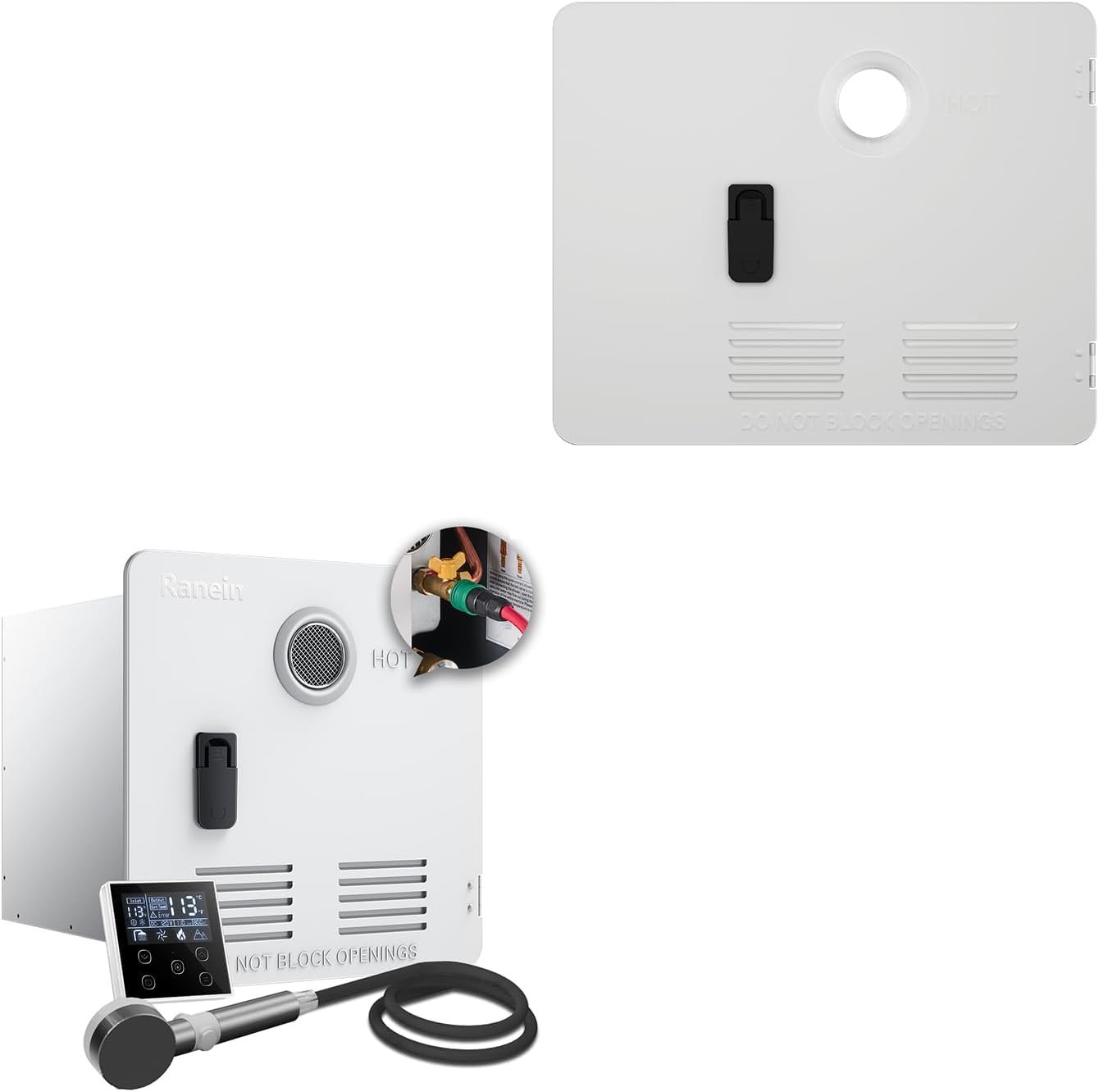 Ranein 65,000 BTU RV Tankless Water Heater, 9,800ft High Altitude Available, 12V, CSA Certificated, with 15" x 18" White Door, External Shower and Multi-function Controlle