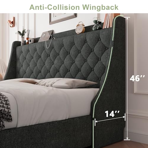 Image of Feonase King Size Bed Frame with 4 Storage Drawers, Upholstered Storage Bed with Charging Station, Tufted Wingback Headboard, No Box Spring Needed, Dark Grey