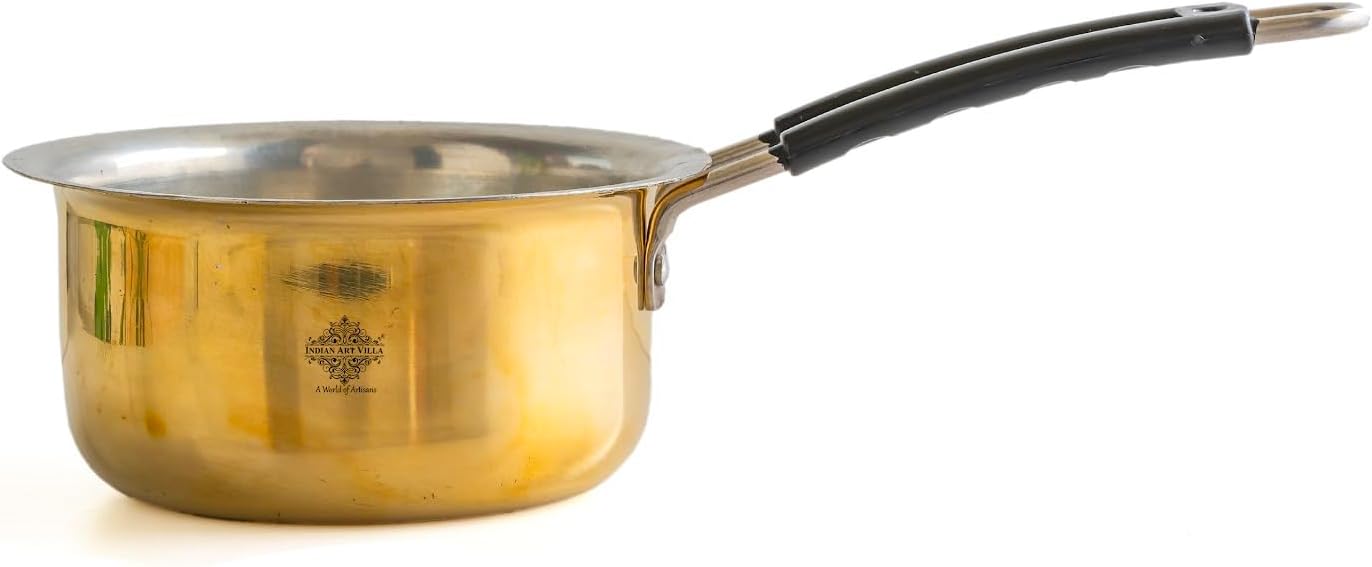 Indian Art Villa Traditional Brass Saucepan with Tin Lining – Perfect for Boiling, Simmering, and Sauteing – Heat safe Handle, Volume- 105 Oz