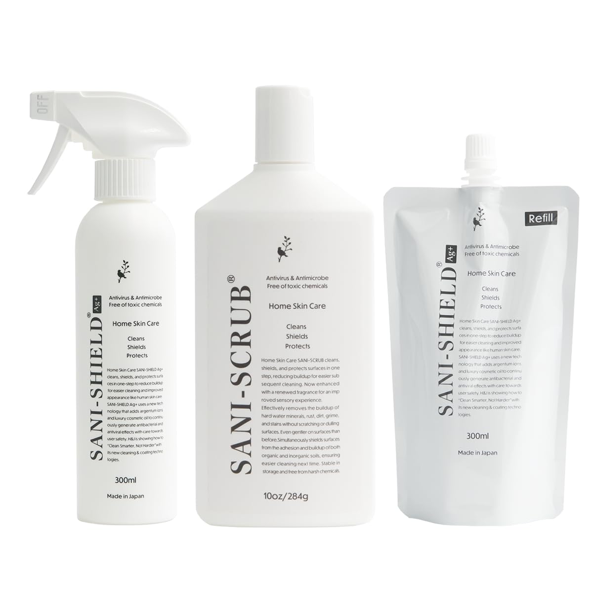 SANI-SHIELD サニーシールドAg+ 除菌スプレー トリガー1本(300ml)＋詰替1袋(300ml)＋スクラブ1本(284ml) サボン クリーナー 中性 抗菌コーティング ウィルス 花粉 消臭 防カビ お掃除 洗浄 撥水 艶 ツヤ 手に優しい 古堅純子 銀イオン ペット臭 日本製商品画像