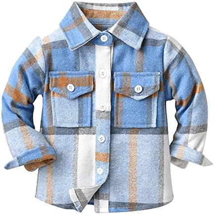 Toddler Baby Boys Girls Flannel Plaid Shirt Jacket Little Kids Long Sleeve Lapel Button Down Pocketed Shirts Shacket Cardigan Top Regular Fit Casual Shirt Coats Fall Outfit Denim Blue 5-6 Years