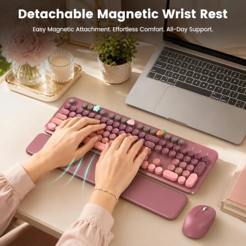 Image of Wireless Keyboard and Mouse Combo, Round Keycaps, Full-Size Retro Typewriter Keyboard with Magnetic Wrist Rest, Tilt Legs, 2.4GHz Cordless for Mac, Windows PC, Laptop, SABLUTE CK23, Dusty Rose Ombre