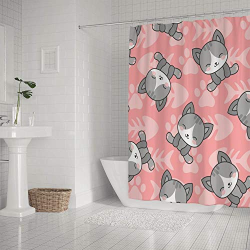 Rideau de douche polyester rose lavable avec 12 crochets motif pattes de chat dessin animé 168x183