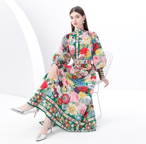 Image of LAI MENG FIVE CATS Women's Puff Sleeves High Collar Floral Print Button Front Loose Flowy Maxi Dress with Belt