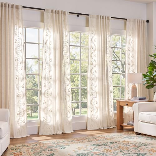 Image of jinchan Floral Linen Curtains 108 Inch Farmhouse Back Tab 2 Panels