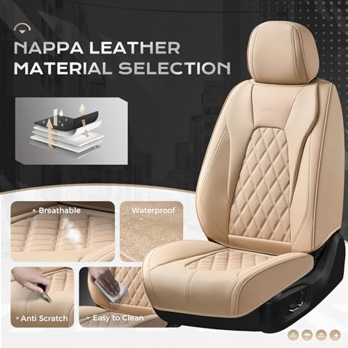 Image of Coverado Leather Seat Covers, Car Seat Cover Full Set, 5 Seats Beige Seat Covers, Automotive Seat Covers Waterproof Car Seat Cushion Protectors Universal Seat Cover Fit for Most Cars Trucks SUV