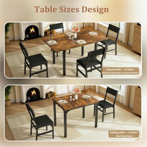 Image of HUAHUU 5-Piece Dining Table Set for 4, Extendable Kitchen Table Set with 4 Upholstered Cushion Chairs, Rectangle Table with Metal Frame & MDF Board, Folding Space-Saving for Small Apartment, Rustic
