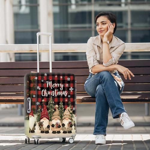 Image of Christmas Luggage Cover - Festive Gnome Suitcase Protector with Red Plaid & Snowflake Design - Stretch Travel Cover for 28-30 Inch Luggage,L