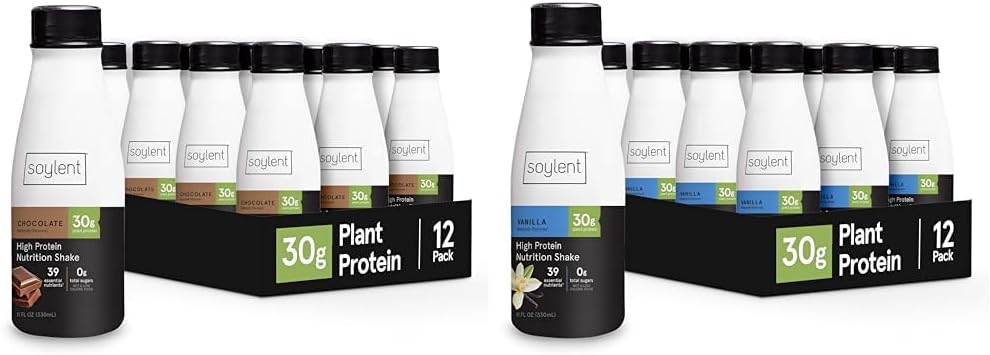 Soylent Complete Protein Shake, Chocolate or Vanilla, 30g Protein, Vegan, Dairy Free and 0g Sugar, Ready to Drink Protein Drinks, 11oz