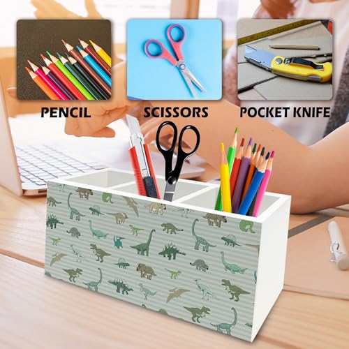 Image of Dinosaur Gifts Pen Pencil Holder Organizer for Desk, Dinosaur Gifts for Boys Kids, Dino Striped Wooden Box Signs Decorations for Home Classroom Kids Boys Room Bedroom Desk Tabletop