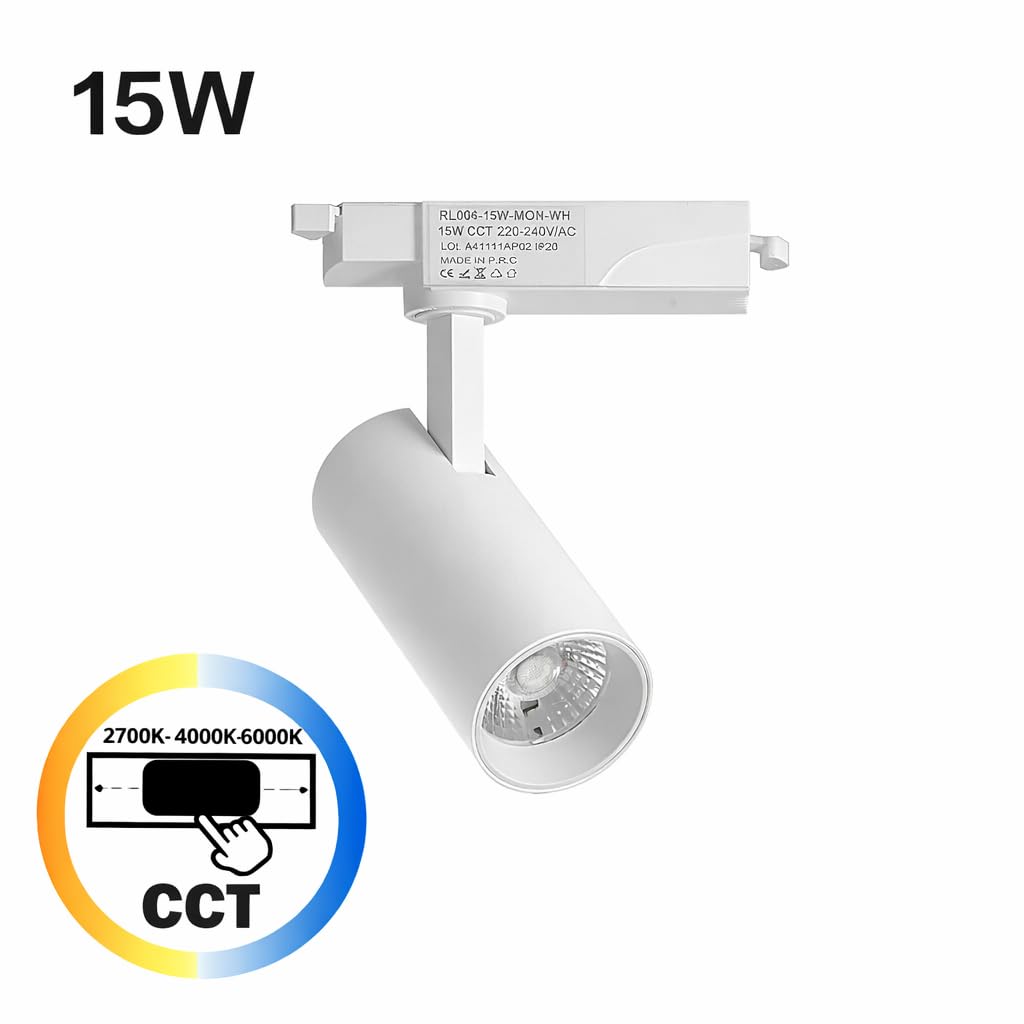 Alpinaluz Foco LED para Carril Monofásico 15W 1500lm CCT Seleccionable 2700K-4000K-6000K Orientable Blanco Mate con Ángulo de Apertura de 40° para Iluminación Comercial y Residencial