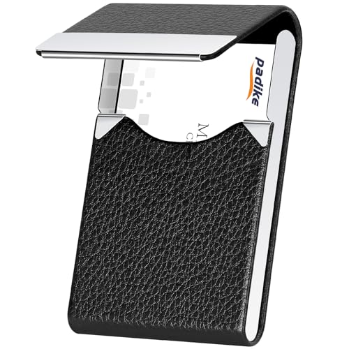 Image of Padike Professional Business Card Holder PU Leather Business Card Case Name Card Holder Slim Metal Pocket Card Holder with Magnetic Shut (Black)