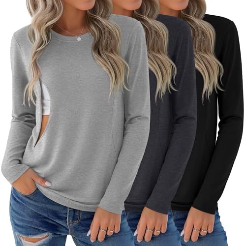 Image of Sweetyweee 3 Pack Nursing Tops for Breastfeeding Maternity Shirts Zipper Long Sleeve Round Neck Knit Casual Nursing Clothes