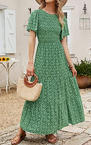 Prettygarden Womens Casual Floral Crew Neck Flutter Short Sleeve Long Summer Holiday Dress Party Maxi Wedding Guest Dresses (Green,Large) #TOP6