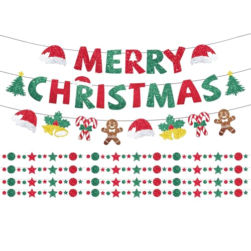 Fukaisu - 6pcs Glitter Christmas Party Decorations, Pre-Strung Merry Christmas Banner Holiday Pattern Garland Red & Green Star Circle Hanging Bunting for Home Classroom Office Mantel Winter Theme Decor - -21%