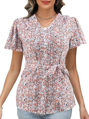 Women's Floral V-Neck Blouse, Short Flutter Sleeves Button Down Summer Casual Top with Waist Tie