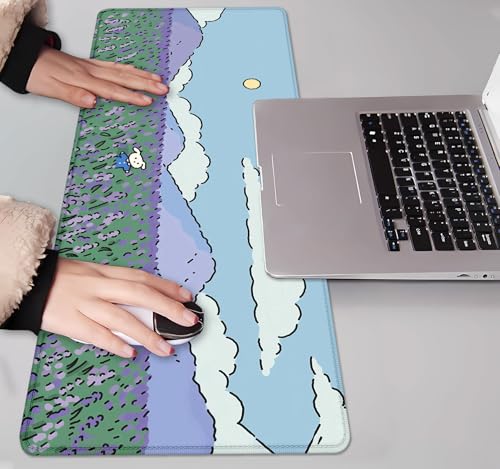 Image of IMAYONDIA Anime Lavender Desk Mat Cute, Green Purple Blue XL Large Gaming Mouse Pad for Laptop, Kawaii Landscape Japanese Deskmat, Mousepad Computer Pad, 31.5 X 11.8 Inch