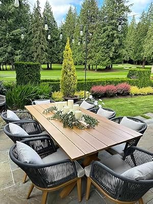 PURPLE LEAF 9 Pieces Patio Dining Set Wicker Outdoor Furniture Rectangular Table and Chairs Set for Garden Deck Teak-Finish Aluminum Frame Backyard Kitchen Set, Cushions and Pillows Included