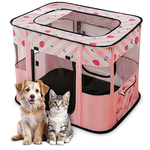 ALLSOPETS Recinto per Cani da Interno Pieghevole, Anche per Esterno, Box Traspirante Portatile per Gatti Conigli Cuccioli con Borsa da Trasporto, per Viaggi e Campeggio (Fragole Rosa, L)