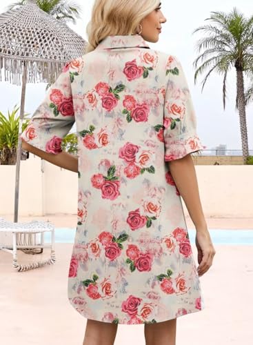 Image of Womens Summer Shirt Mini Dresses 2026 Beach | Flowy Shift Dress, Button V Neck, Polo Collar, Ruffle Short Sleeve, Floral Boho Style, Casual Vacation Outfits with Pockets
