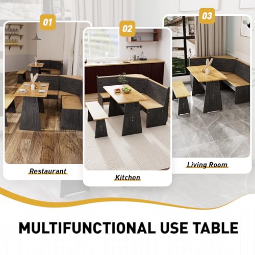 Image of Kitchen Breakfast Nook Table Set - Solid Wood Corner Bench Dining Set for 4-6 People, L Shaped Bench for Dinner Room, Space Saving Kitchen Booth Seating with Table for Small Space, Ink Black