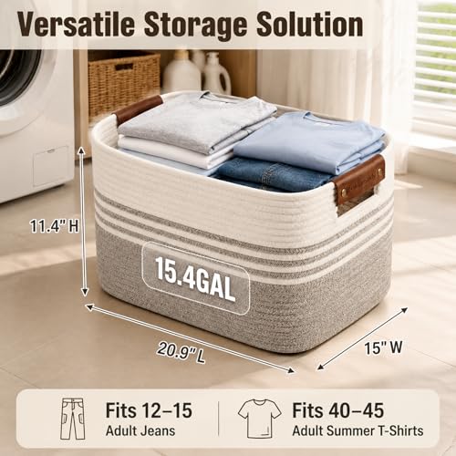 Image of Cotton Rope Laundry Basket Medium, 15.4GAL Collapsible Woven Storage Baskets for Living Room Kids Toys Stuffed Animal,Boho Rectangular Decorative Short Hamper for Dirty Clothes, Blankets White Brown
