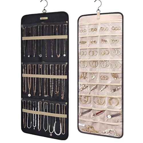 Gurxi Schmuck Organizer zum Aufhängen,Schmuckaufbewahrung Hängend,Kleiderschrank Schmuckaufbewahrung,Schmuckrolle Organizer,für Ketten Ring Ohrringe Halskette Armband,Schwarz