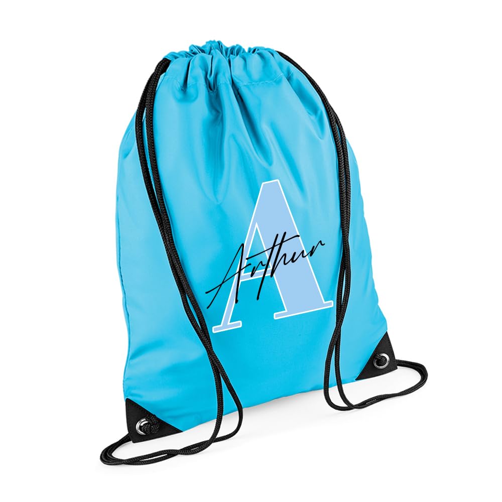 Getagift Personalised Initial with Name, Alphabet theme, Marble design, Drawstring Bag, PE Gym Kit Swimming, Sport Rucksack. (Surf Blue)
